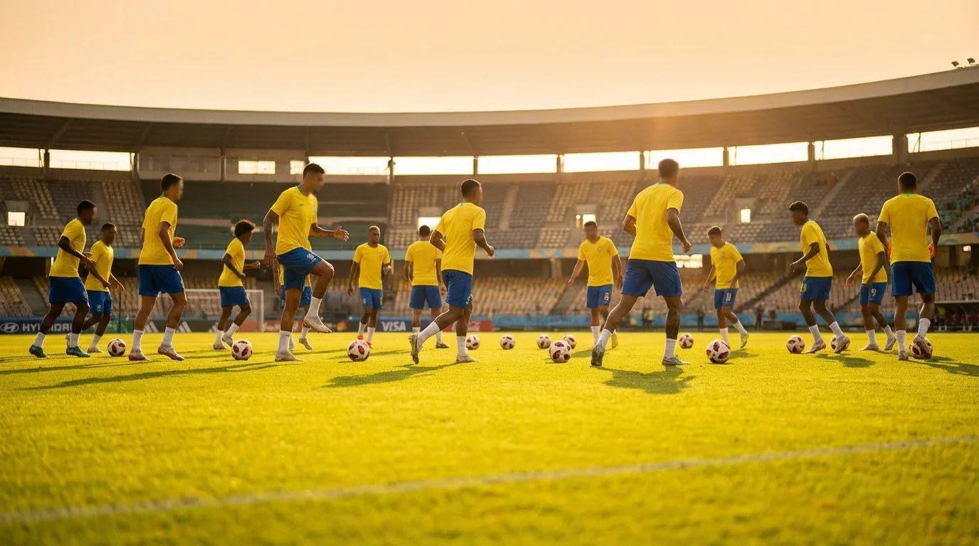Brazil national football team training session on pitch before World Cup 2026