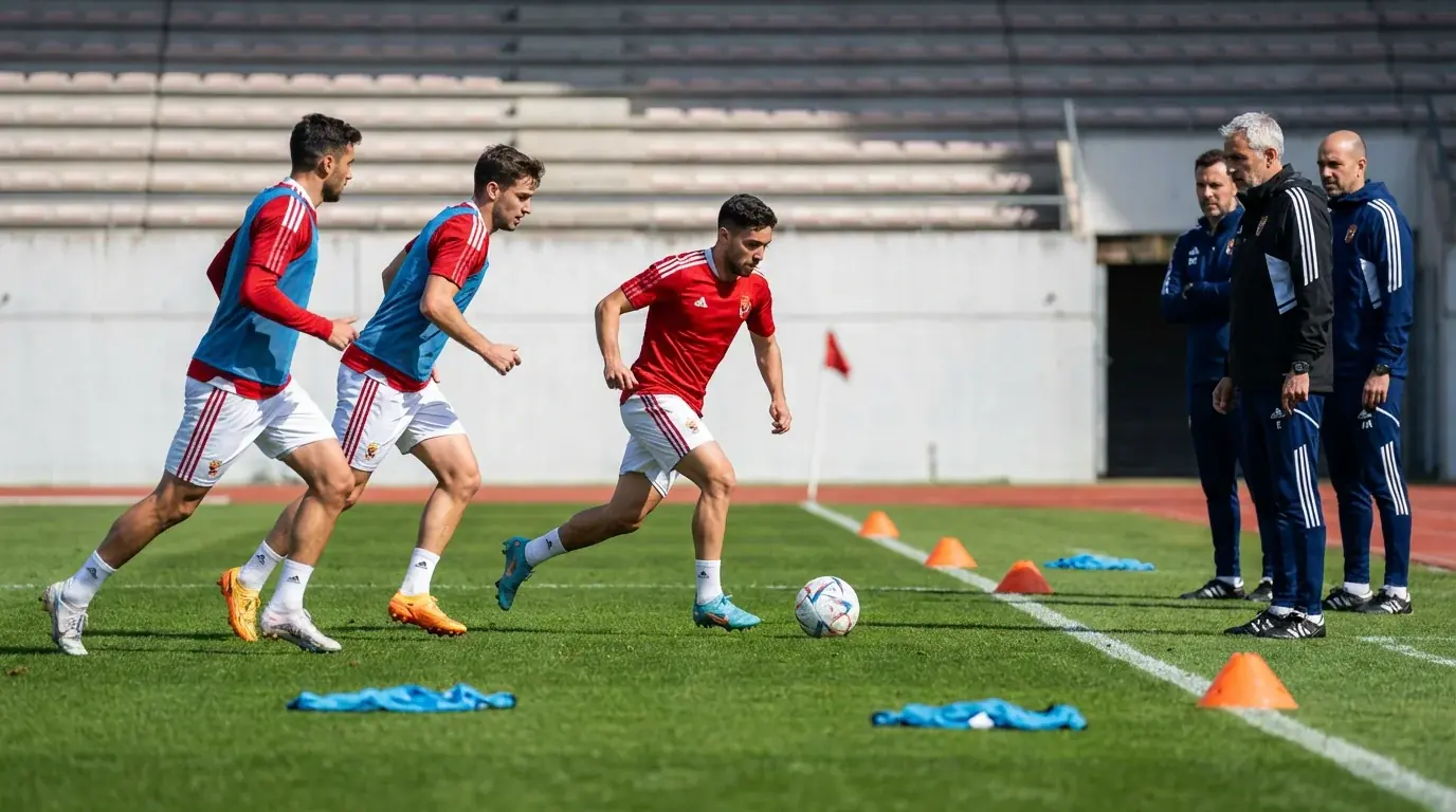 Joueurs de l'équipe de Suisse à l'entraînement en maillots rouges avant le Mondial 2026