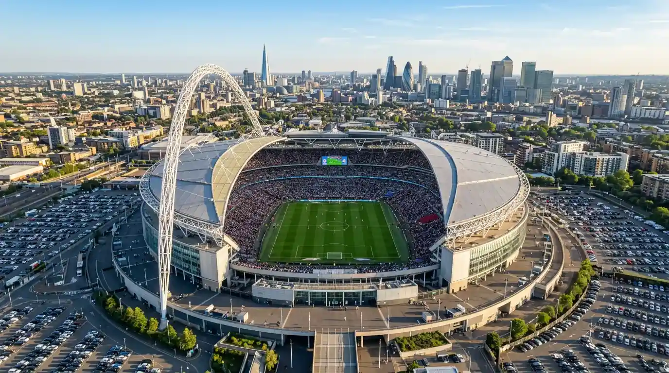 Vue aérienne d'un stade de football américain préparé pour la Coupe du Monde 2026