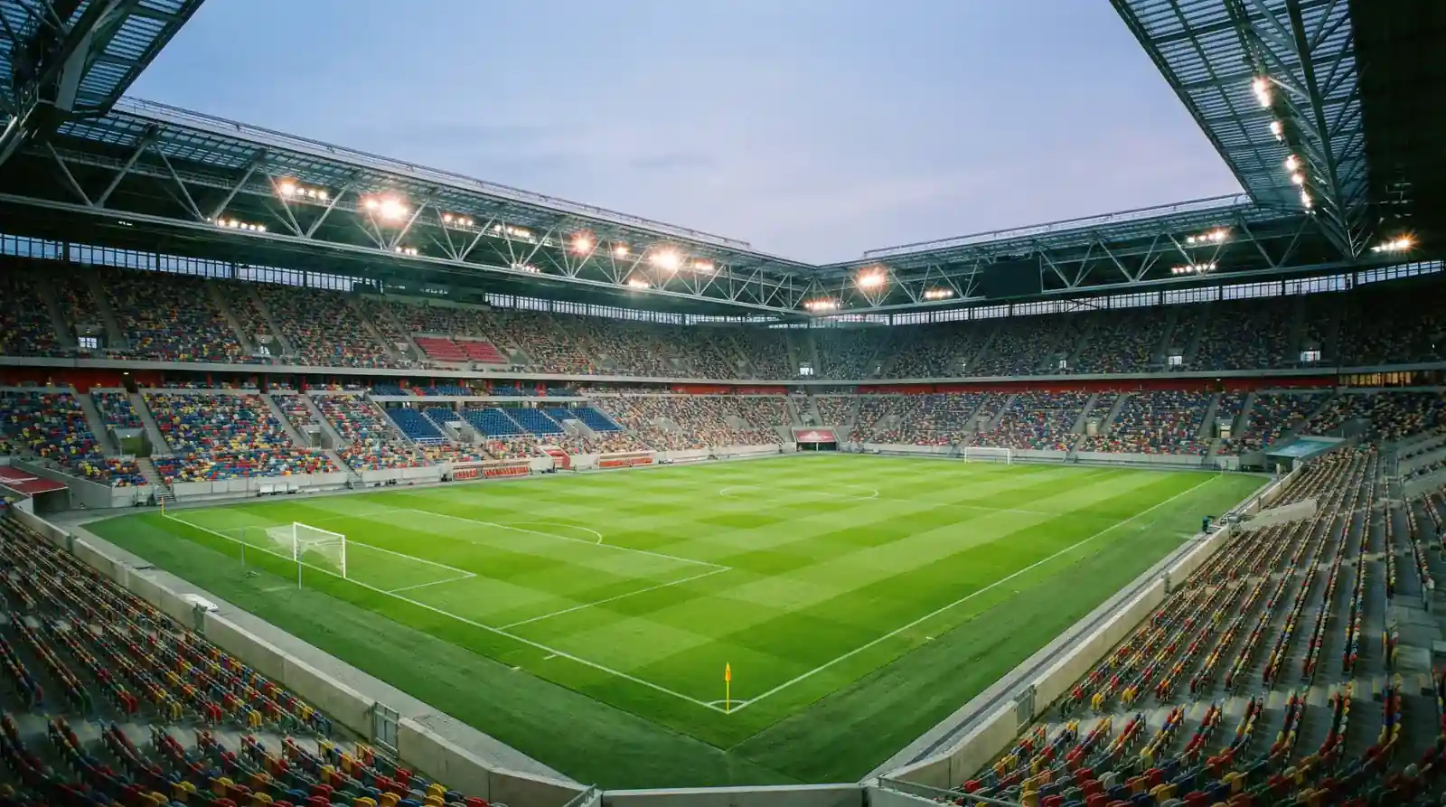 Football pitch with promotional banners for World Cup 2026 betting offers assessment